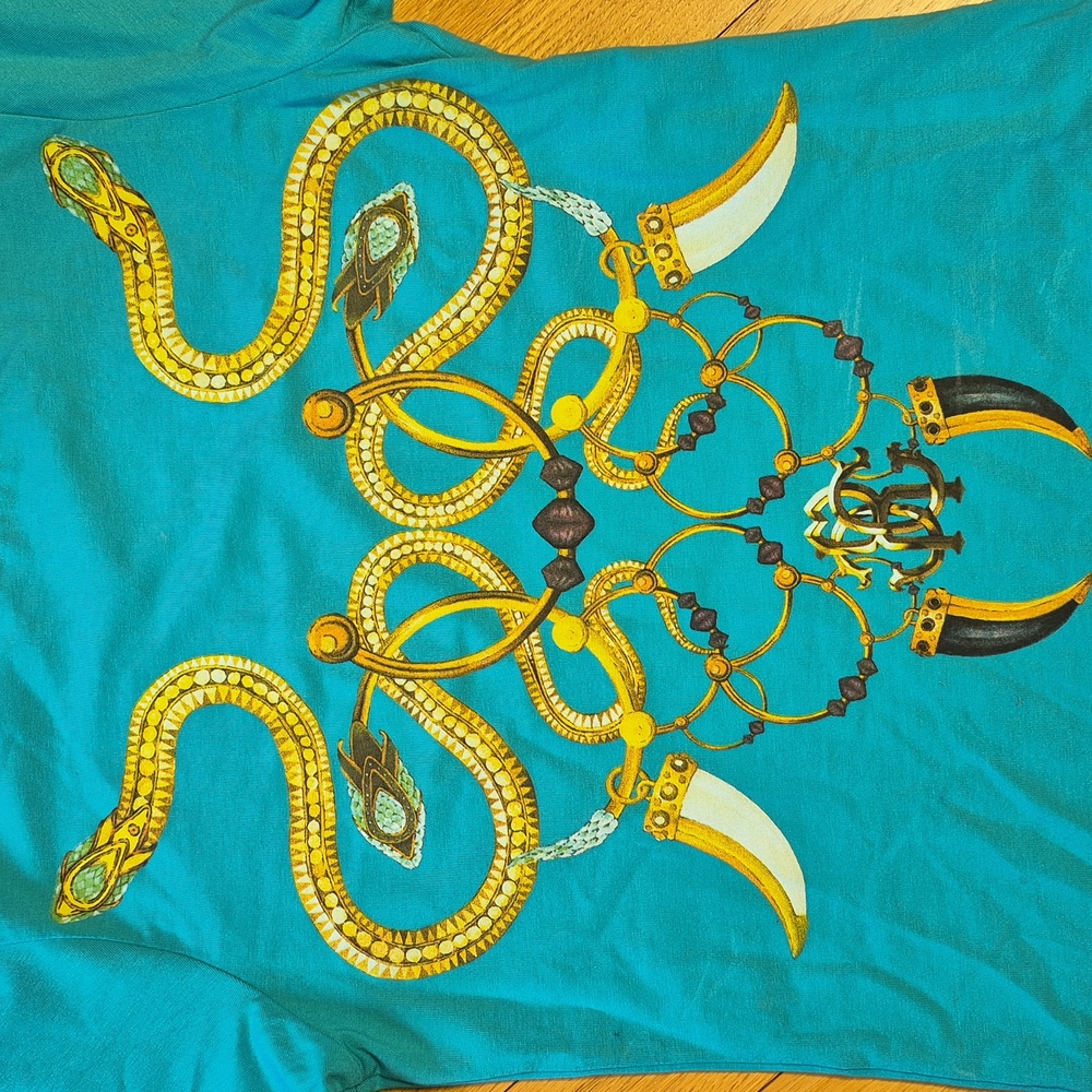Roberto Cavalli Turquoise Fitted Graphic Short Sleeve Tee, Serpent & Jewels,NWOT - Picture 4 of 6